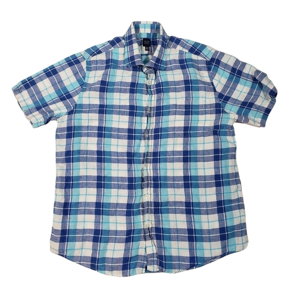 Blue Saks 5th Avenue Plaid Check 100% Linen Shirt Sz XL Button Up Short Sleeves - Picture 1 of 9